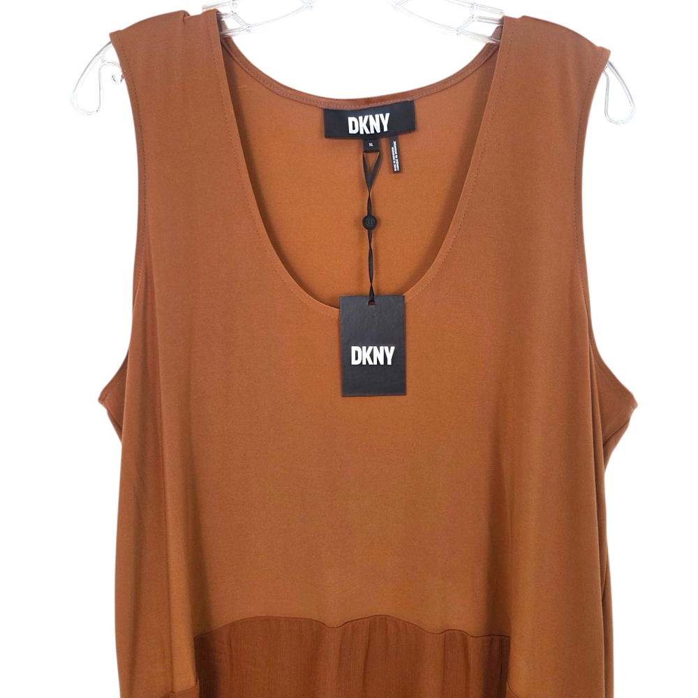 DKNY Tunic Tank Dress NEW Chiffon Stretch Womens Xl Brown Sleeveless Minimalist - Picture 13 of 15